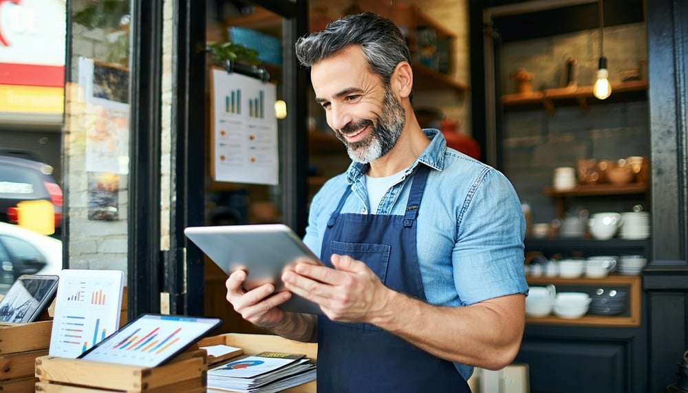 Local shop owner reviewing digital marketing results on a tablet